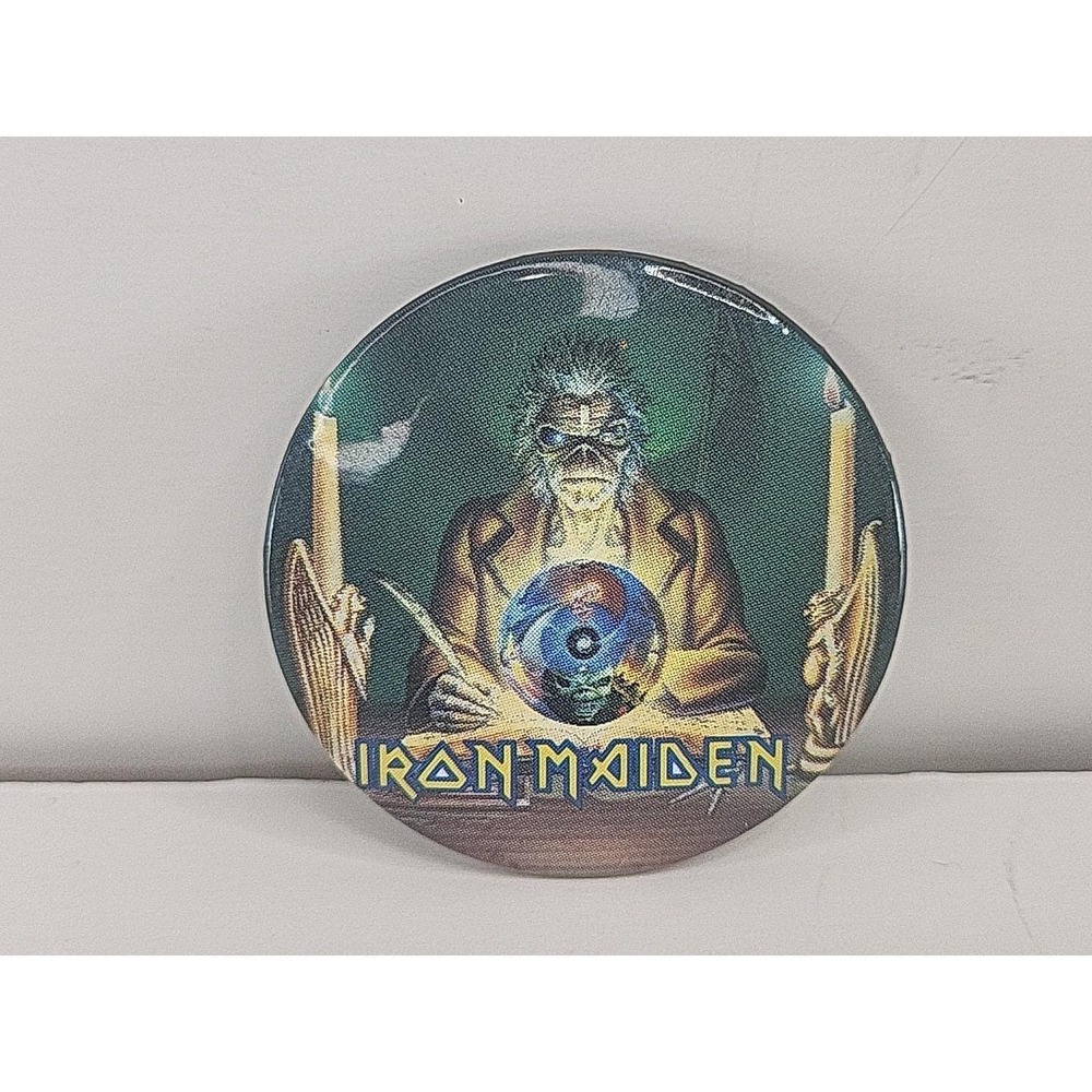 1988 Iron Maiden Metal Band Crystal Ball Seer Pin Button 1.5" Vintage Original